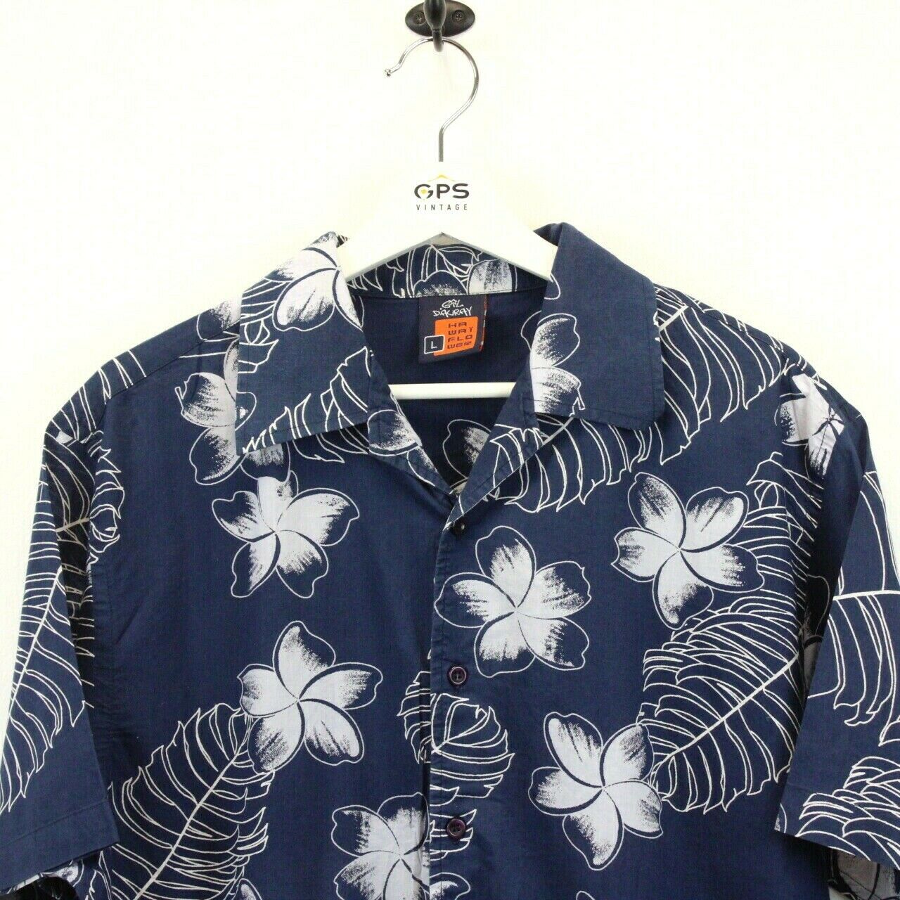 90s Hawaiian Shirt Navy Blue | Large