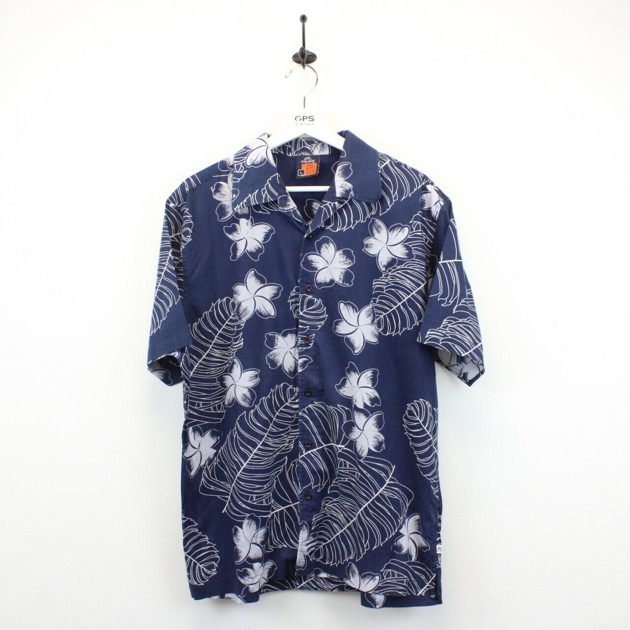 90s Hawaiian Shirt Navy Blue | Large