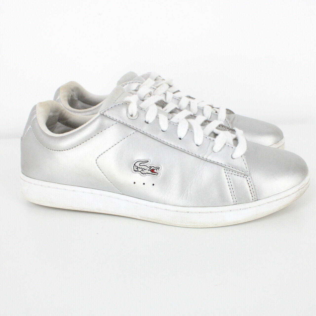 Womens LACOSTE Carnaby Evo Trainers Silver | UK 6