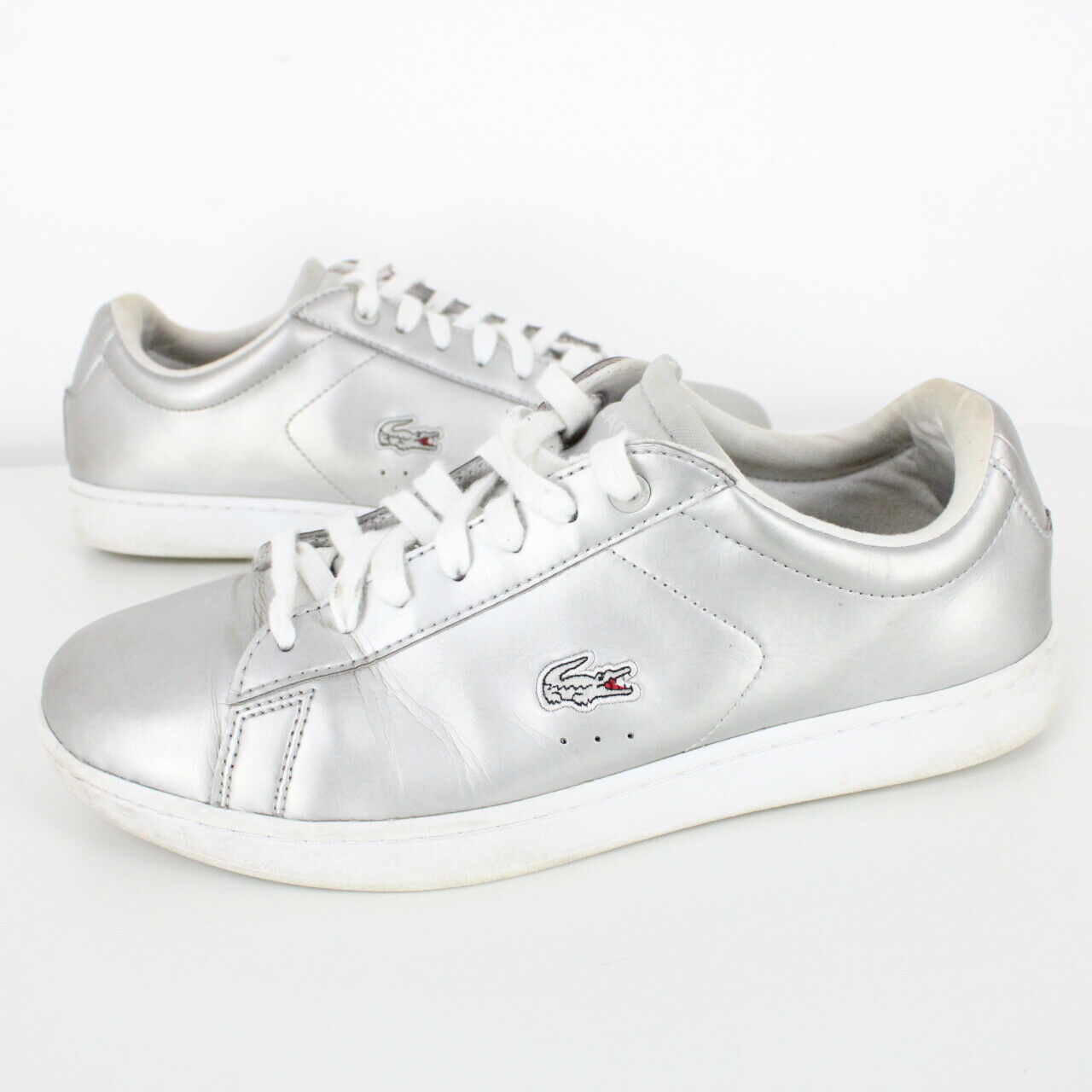 Womens LACOSTE Carnaby Evo Trainers Silver | UK 6
